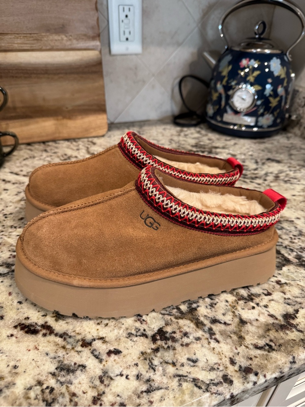 UGG Chestnut Suede Slip-On Clog with Red Trim
